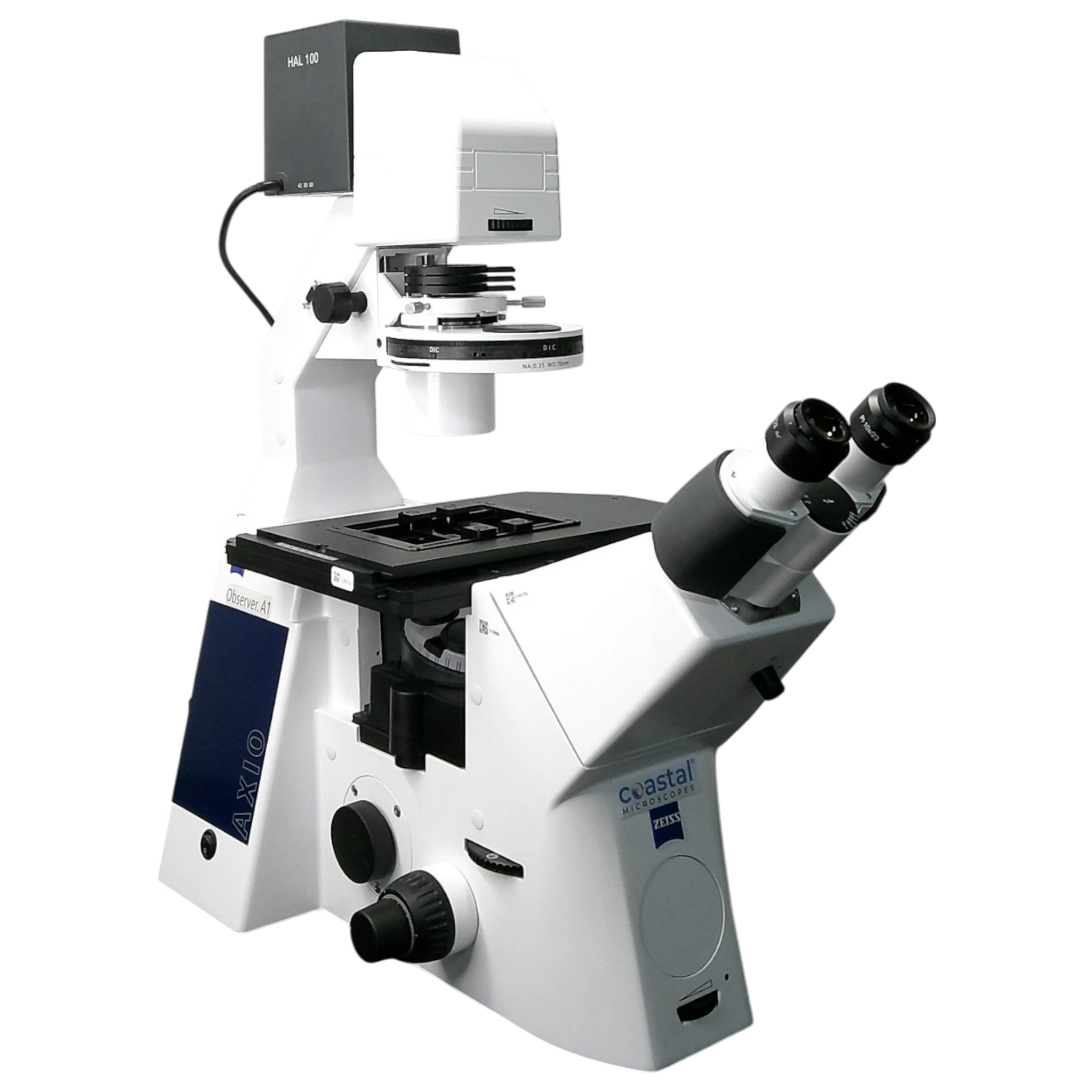 Zeiss Axio Observer A1 Inverted Phase Contrast Fluorescence Microscope.