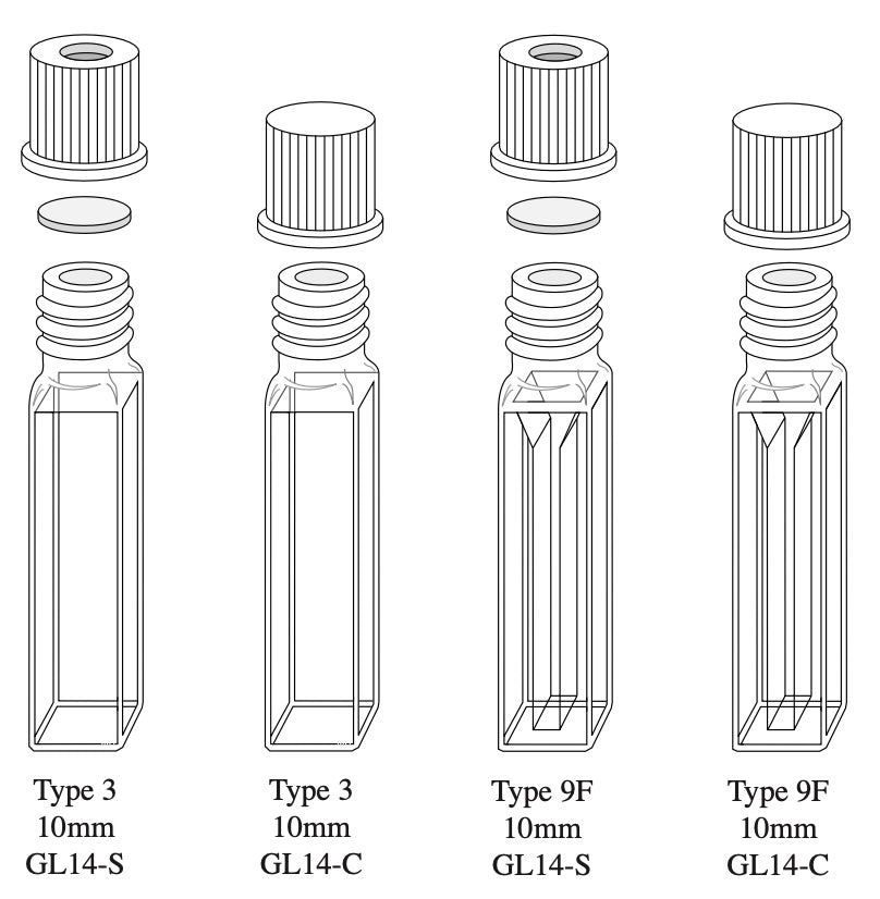 GL14 Series Closed and Septum Screw Cap Fluorometer Cells, Special Optical Glass &amp; Spectrosil Quartz