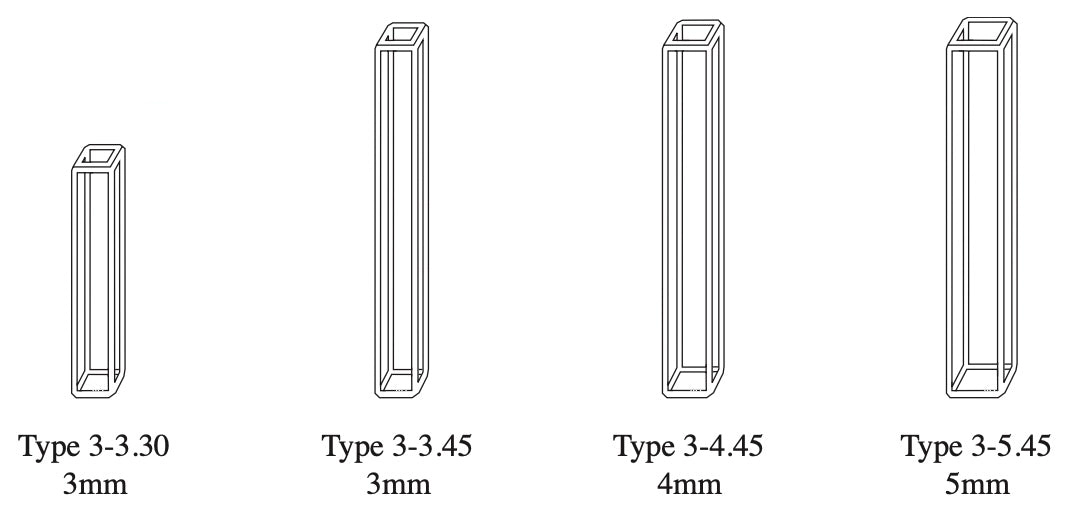 3-3, 3-4, 3-5 Series Square Micro Open Top Fluorometer Cells, Special Optical Glass &amp; Spectrosil Quartz