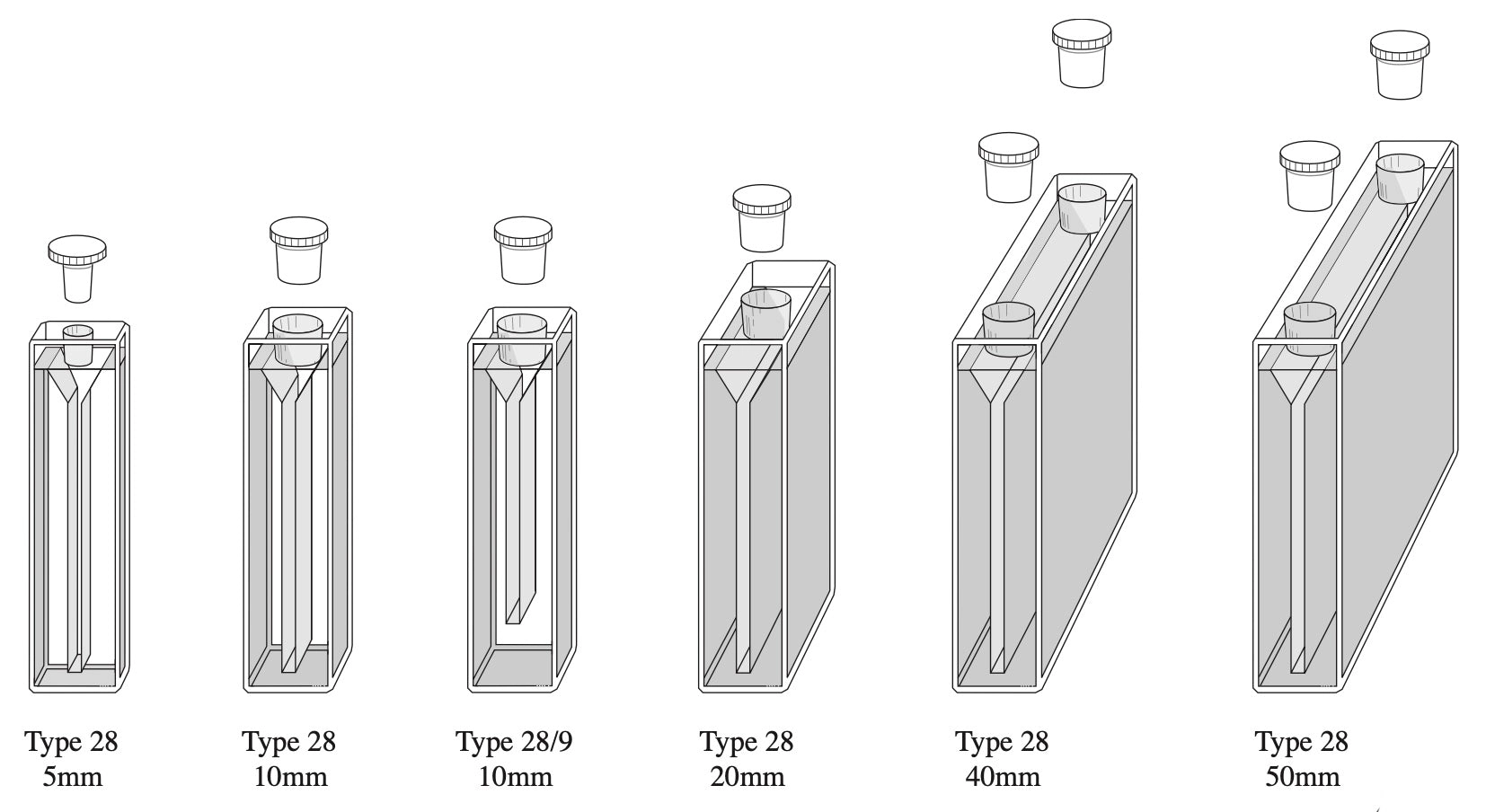 28-Q Series Rectangular Quartz Micro Cuvettes with Stopper, 5-50mm