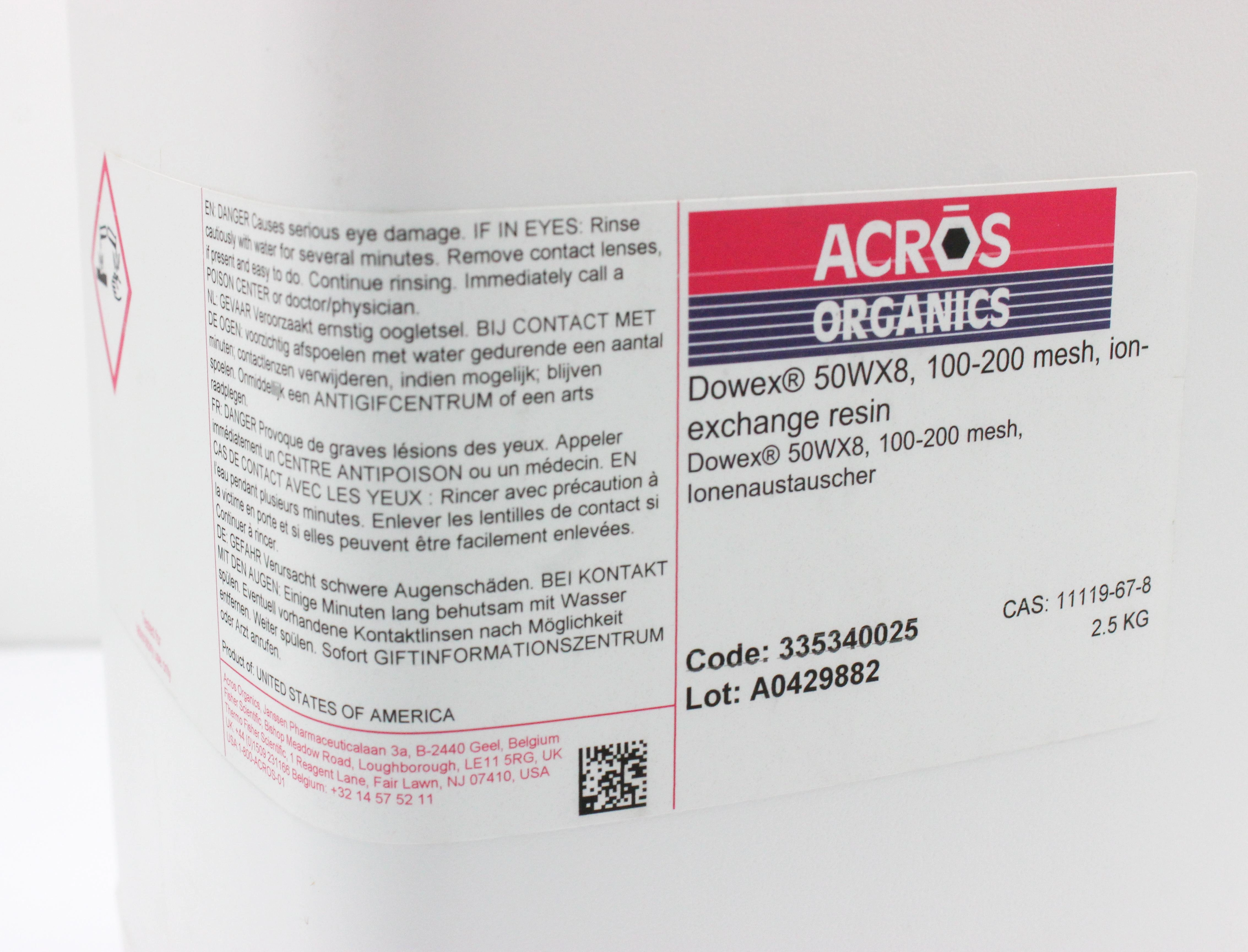 Acros Dowex 50WX8 Ion Exchange Resin - 100-200 Mesh Beads High Capacity - 3320701484