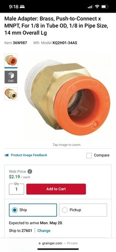 SMC Male Adapter:Brass, Push To Connect, 1/8 “ OD,