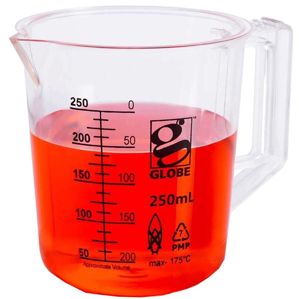 Globe Scientific 250mL Beaker with Handle, Low Form, Graduations, PMP Griffin Style, 1/Each