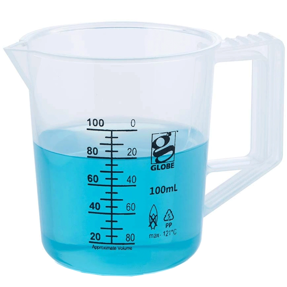 Globe Scientific 100mL Beaker with Handle, Low Form, Graduations, PMP Griffin Style, 1/Each