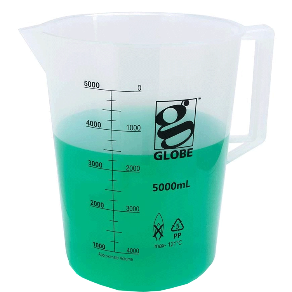 Globe Scientific 5000mL Beaker with Handle, Low Form, Graduations, PP Griffin Style, 1/Each