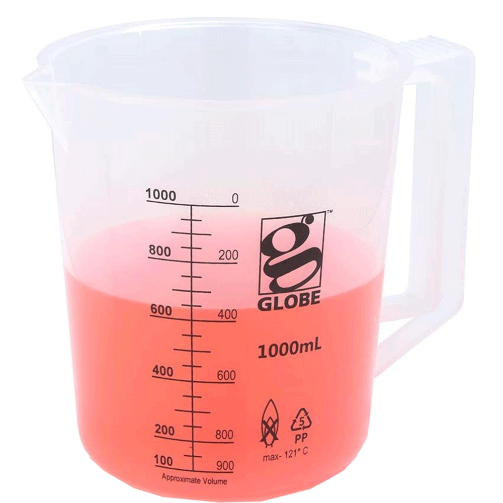 Globe Scientific 1000mL Beaker with Handle, Low Form, Graduations, PP Griffin Style, 1/Each
