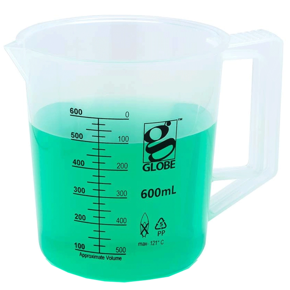 Globe Scientific 600mL Beaker with Handle, Low Form, Graduations, PP Griffin Style, 1/Each
