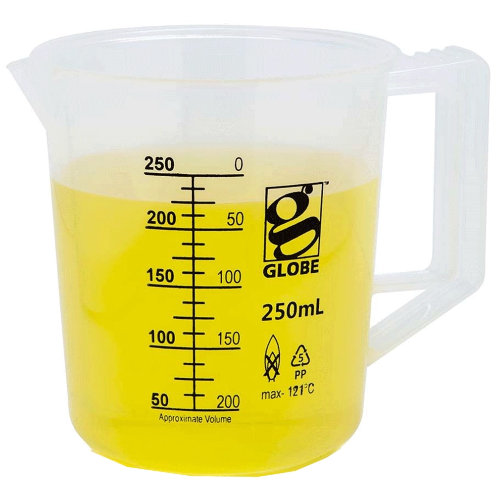 Globe Scientific 250mL Beaker with Handle, Low Form, Graduations, PP Griffin Style, 1/Each