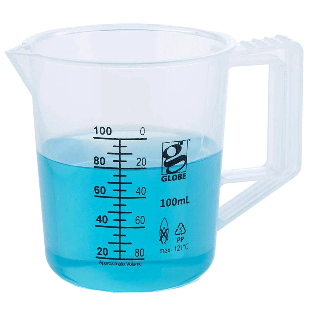 Globe Scientific 100mL Beaker with Handle, Low Form, Graduations, PP Griffin Style, 1/Each