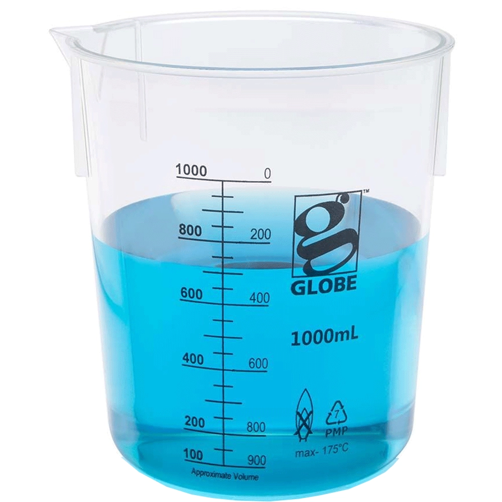 Globe Scientific 1000mL Beaker, Low Form, Graduations, PMP Griffin Style, 3/Bag