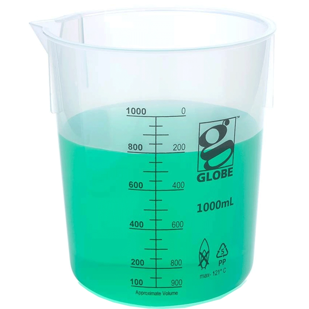 Globe Scientific 1000mL Beaker, Low Form, Graduations, PP Griffin Style, 3/Box
