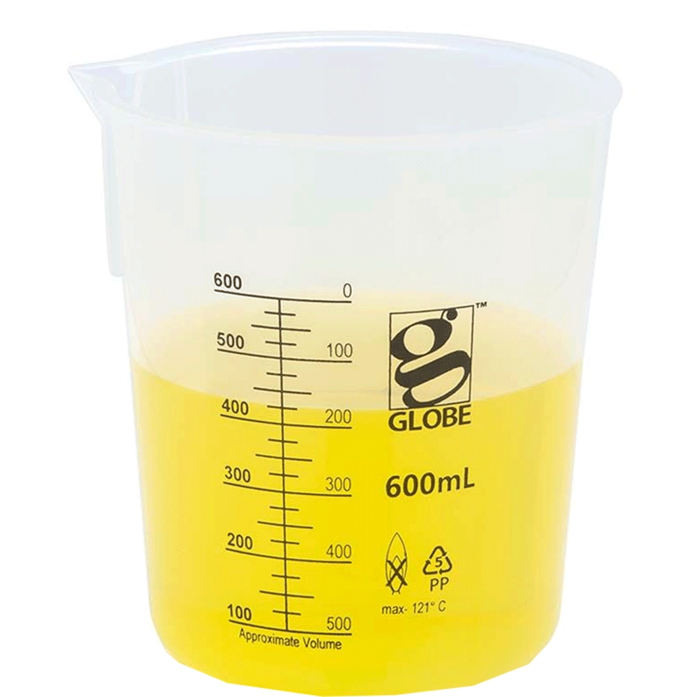 Globe Scientific 600mL Beaker, Low Form, Graduations, PP Griffin Style, 4/Box