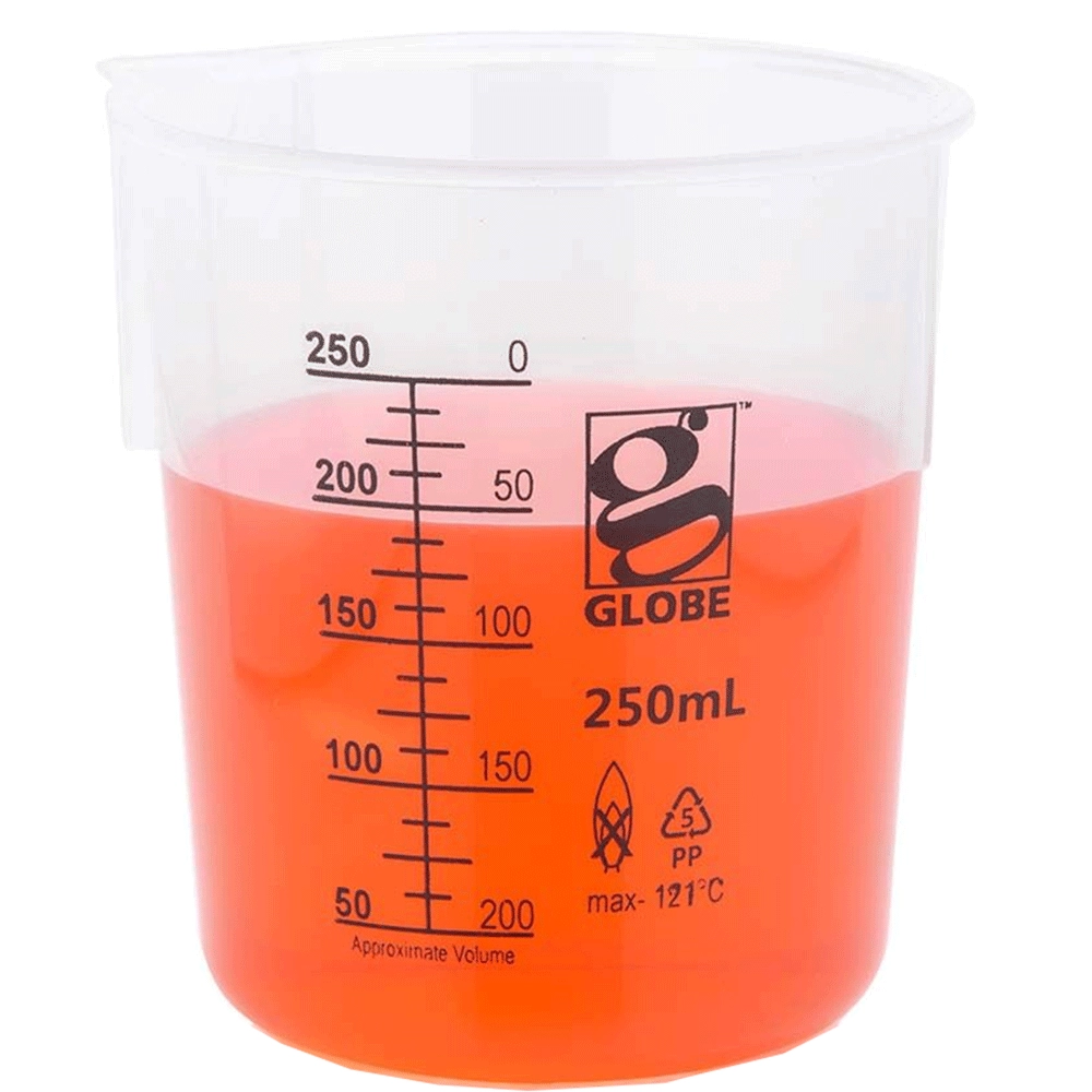 Globe Scientific 250mL Beaker, Low Form, Graduations, PP Griffin Style, 6/Box
