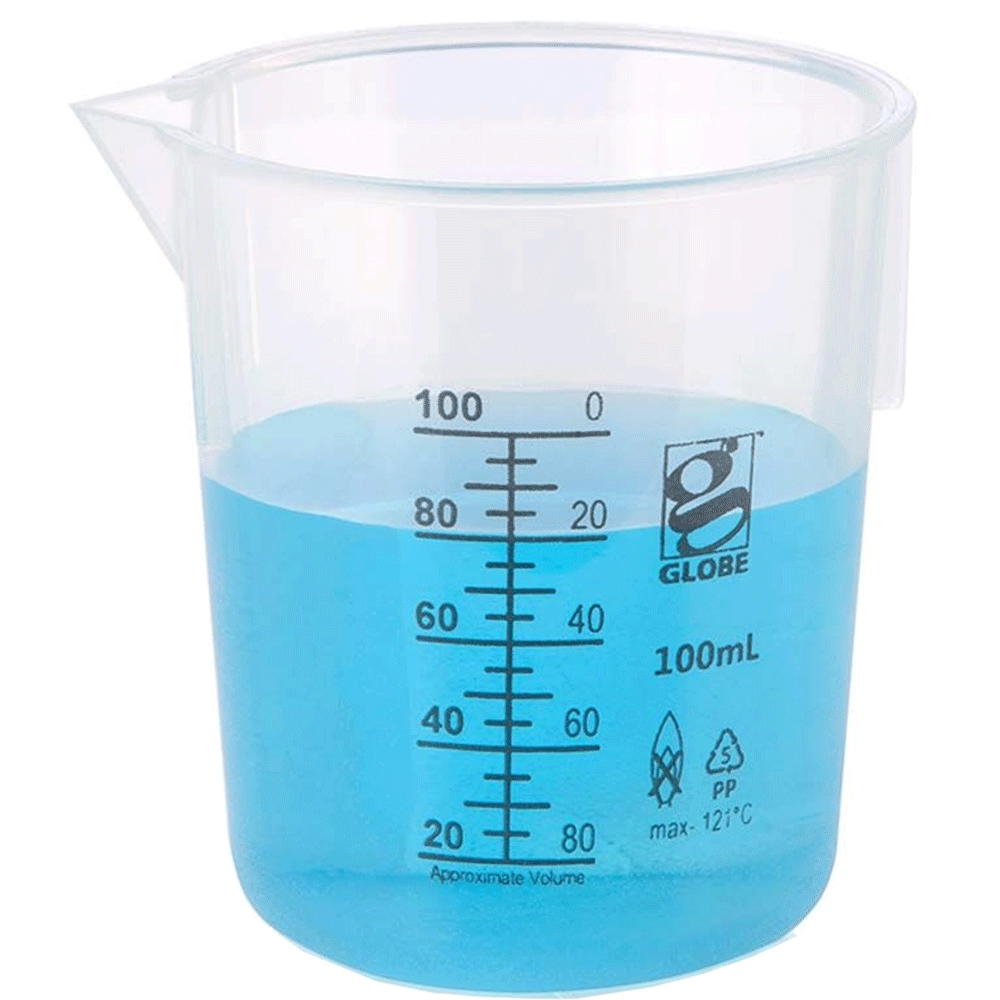 Globe Scientific 100mL Beaker, Low Form, Graduations, PP Griffin Style, 12/Box