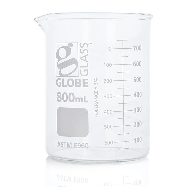 Globe Scientific 800mL Beaker, Globe Glass, Low Form Griffin Style, 6/Box 8010800