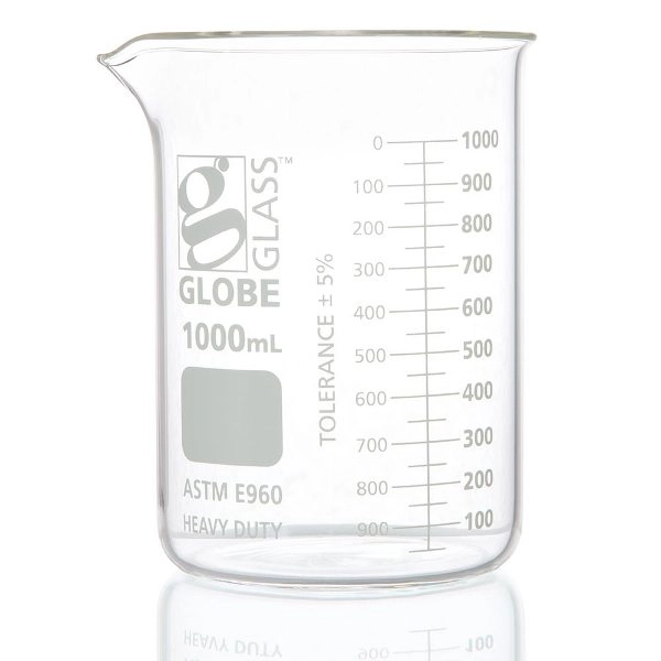 Globe Scientific 1000mL Beaker, Globe Glass, Low Form Griffin Style, Heavy Duty, Dual BOX/6 8021000