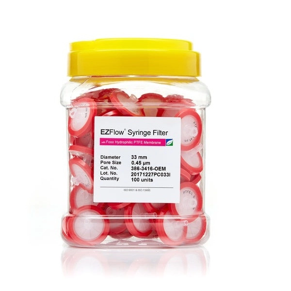 Foxx Life Sciences EZFlow 33mm Syringe Filter, .45μm Hydrophilic (PTFE) 100/Pack 386-3416-OEM