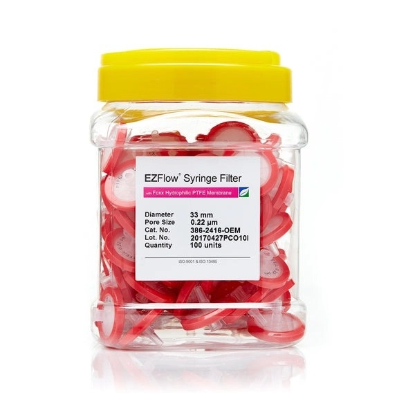 Foxx Life Sciences EZFlow 33mm Syringe Filter, .2μm Hydrophilic (PTFE), 100/Pack 386-2416-OEM