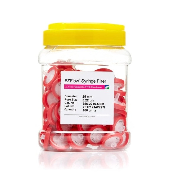 Foxx Life Sciences EZFlow 25mm Syringe Filter, .2μm Hydrophilic (PTFE), 100/Pack 386-2216-OEM