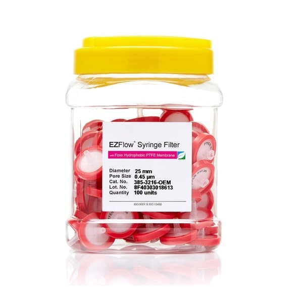 Foxx Life Sciences EZFlow 25mm Syringe Filter, .45μm Hydrophobic (PTFE), 100/Pack 385-3216-OEM