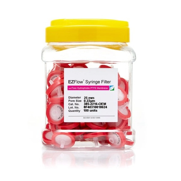 Foxx Life Sciences EZFlow 25mm Syringe Filter, .2μm Hydrophobic (PTFE), 100/Pack 385-2216-OEM