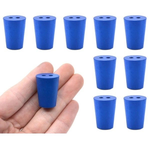 Eisco 10PK Neoprene Stoppers 2 Holes - ASTM - Size #1 - 14mm Bottom, 19mm Top, 25mm Length CH0321D2H