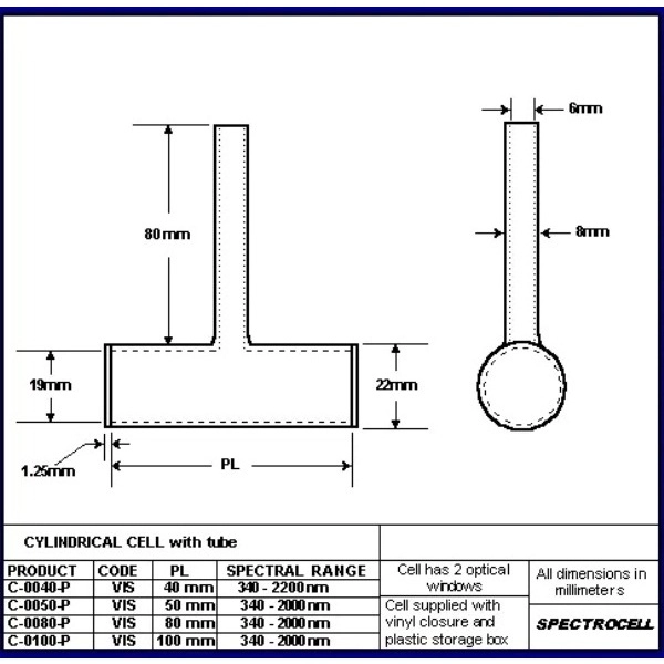 Spectrocell 50 mm Cylindrical Borosilicate Cell With Glass Tube C-0050-P
