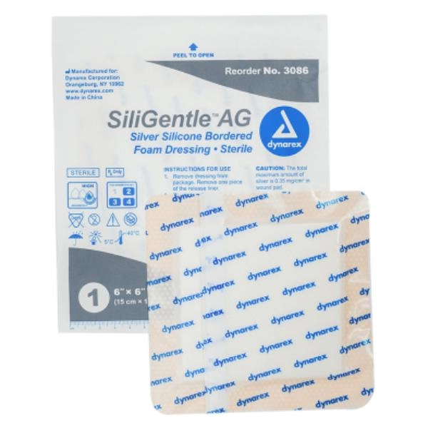 Dynarex SiliGentleAG - Silver Silicone Bordered Foam Dressing, 6" x 6", 5/10/cs 3086