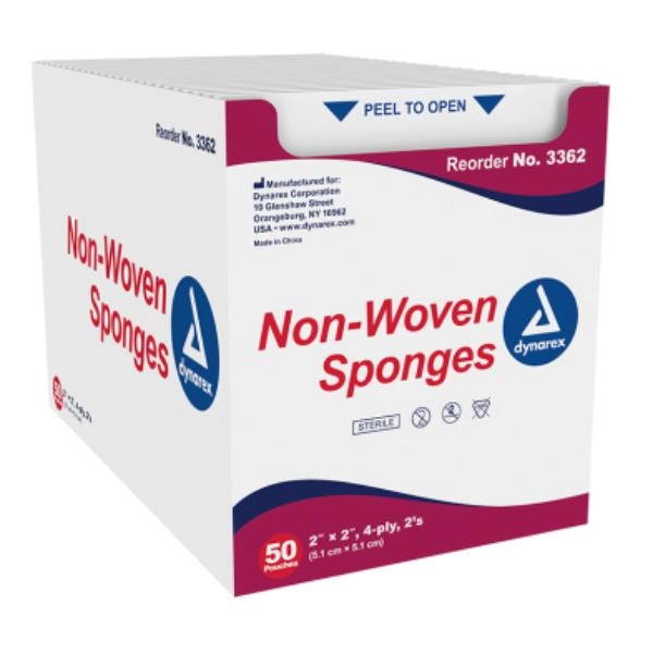 Dynarex Non-Woven Sponge - Sterile 2's, 2" x 2" 4 Ply, 30/50/cs 3362