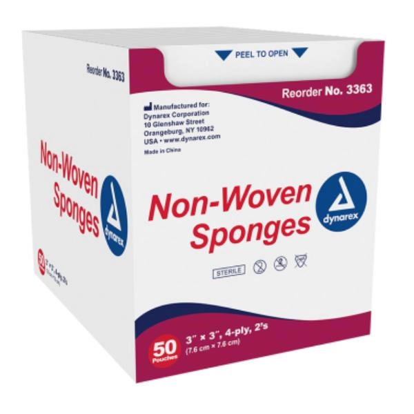 Dynarex Non-Woven Sponge - Sterile 2's, 3" x 3" 4 Ply, 24/50/cs 3363