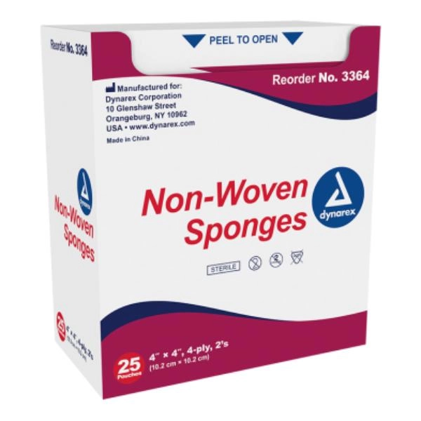 Dynarex Non-Woven Sponge - Sterile 2's, 4" x 4" 4 Ply, 24/25/cs 3364