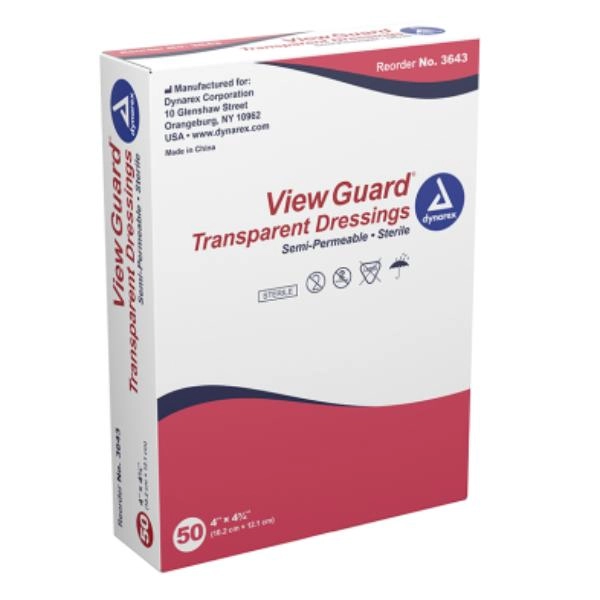Dynarex View Guard Transparent Dressings - Sterile, 4" x 4 3/4", 4/50/cs 3643
