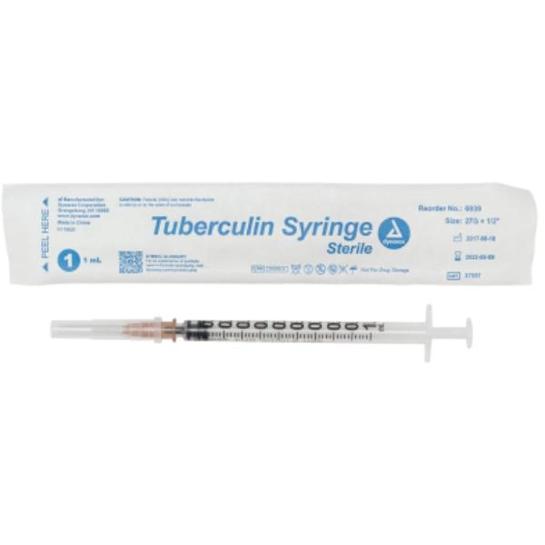Dynarex Tuberculin Non-Safety Syringe - Luer Slip, 27G, 1/2" Needle, 1 cc, 10/100/cs 6939