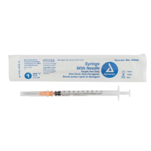 Dynarex Syringe - Non-Safety with Needle - Luer slip, 25G, 5/8" Needle, 1 cc, 8/100/cs 6994