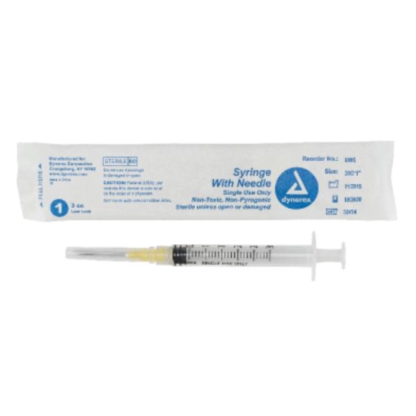 Dynarex Syringe - Non-Safety with Needle - Luer Lock, 20G, 1" Needle, 3 cc, 8/100/cs 6995