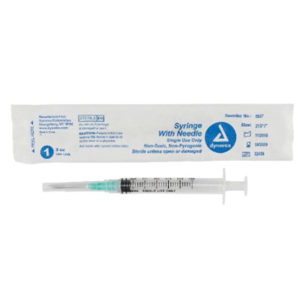 Dynarex Syringe - Non-Safety with Needle - Luer Lock, 21G, 1" Needle, 3 cc, 8/100/cs 6997