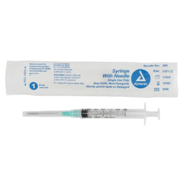 Dynarex Syringe - Non-Safety with Needle - Luer Lock, 21G, 1.5" Needle, 3 cc, 8/100/cs 6998