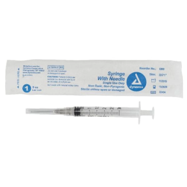 Dynarex Syringe - Non-Safety with Needle - Luer Lock, 22G, 1" Needle, 3 cc, 8/100/cs 6999