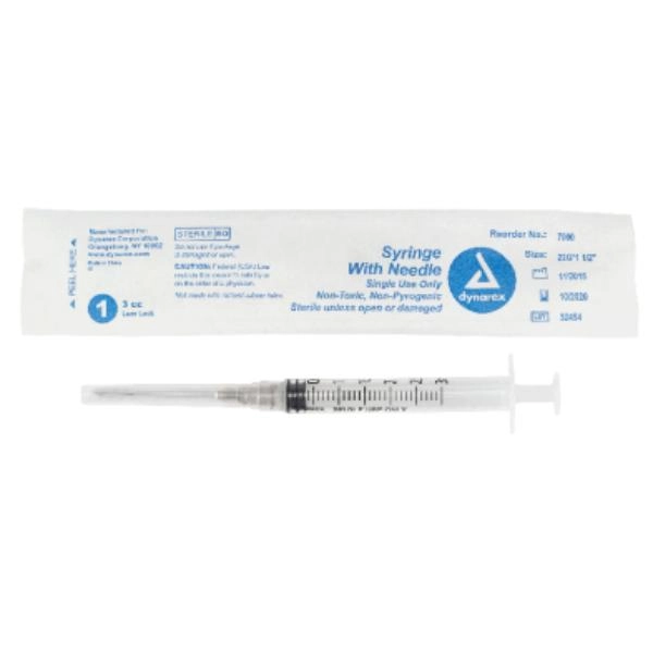 Dynarex Syringe - Non-Safety with Needle - Luer Lock, 22G, 1.5" Needle, 3 cc, 8/100/cs 7000