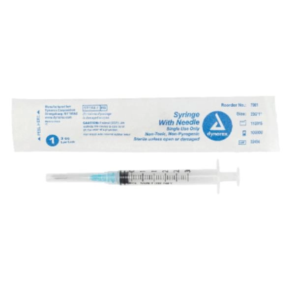 Dynarex Syringe - Non-Safety with Needle - Luer Lock, 23G, 1" Needle, 3 cc, 8/100/cs 7001