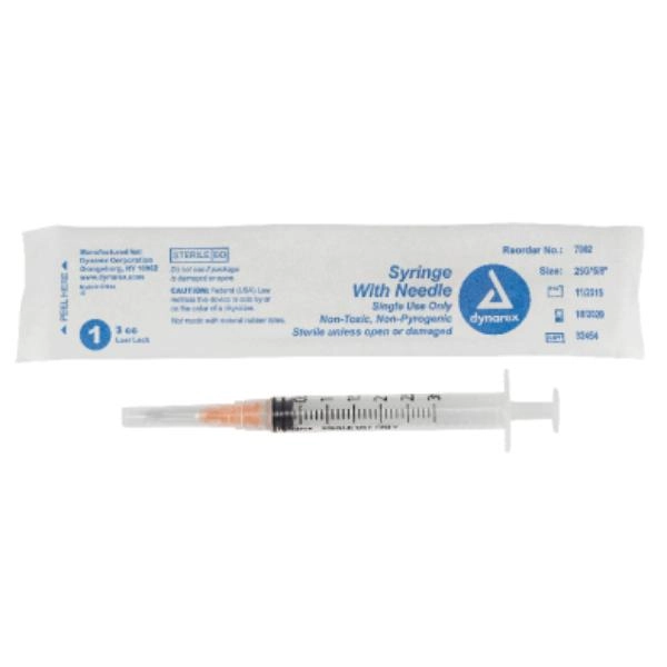 Dynarex Syringe - Non-Safety with Needle - Luer Lock, 25G, 5/8" Needle, 3 cc, 8/100/cs 7002
