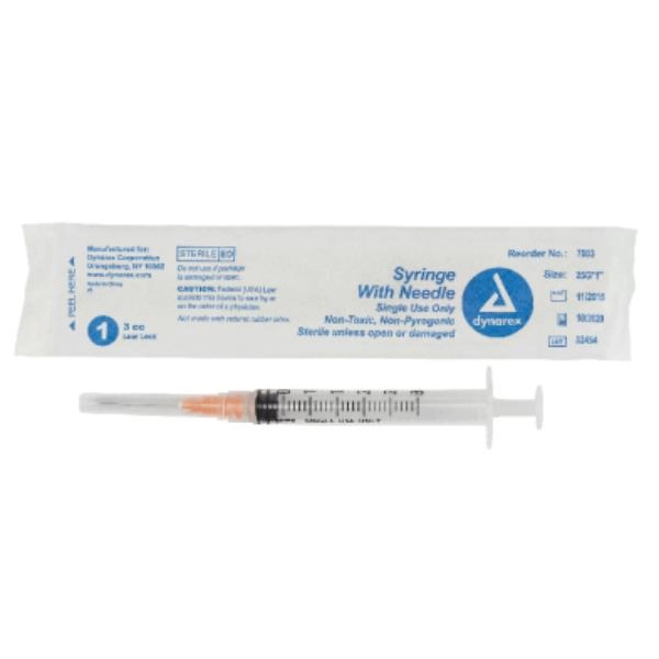 Dynarex Syringe - Non-Safety with Needle - Luer Lock, 25G, 1" Needle, 3 cc, 8/100/cs 7003