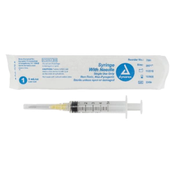 Dynarex Syringe - Non-Safety with Needle - Luer Lock, 20G, 1" Needle, 5 cc, 4/100/cs 7004
