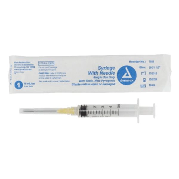 Dynarex Syringe - Non-Safety with Needle - Luer Lock, 20G, 1.5" Needle, 5 cc, 4/100/cs 7005