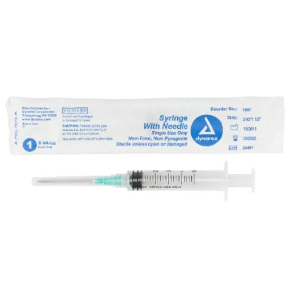 Dynarex Syringe - Non-Safety with Needle - Luer Lock, 21G, 1.5" Needle, 5 cc, 4/100/cs 7007