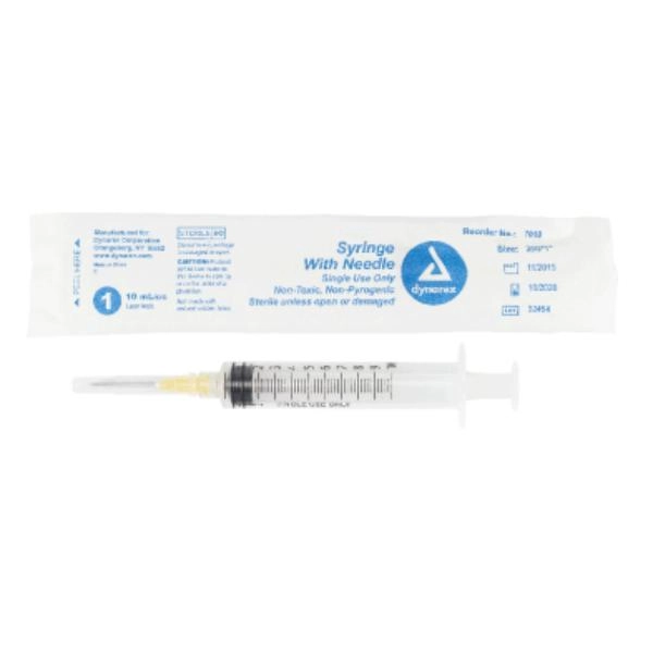 Dynarex Syringe - Non-Safety with Needle - Luer Lock, 20G, 1" Needle, 10 cc, 4/100/cs 7010