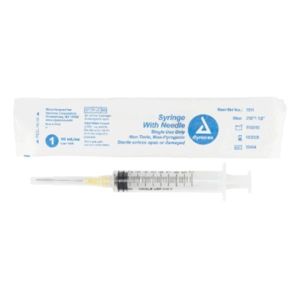 Dynarex Syringe - Non-Safety with Needle - Luer Lock, 20G, 1.5" Needle, 10 cc, 4/100/cs 7011