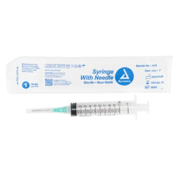Dynarex Syringe - Non-Safety with Needle - Luer Lock, 21G, 1" Needle, 10 cc, 4/100/cs 7012