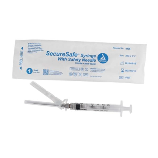 Dynarex SecureSafe Syringe w/ Safety Needle - Luer Lock, 22G, 1.5" Needle, 3 cc, 8/100/cs 8925