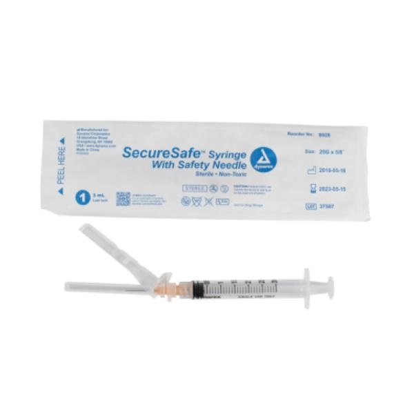 Dynarex SecureSafe Syringe w/ Safety Needle - Luer Lock, 25G, 5/8" Needle, 3 cc, 8/100/cs 8928